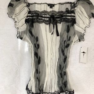 Black and White Peasant Blouse Short Sleeve